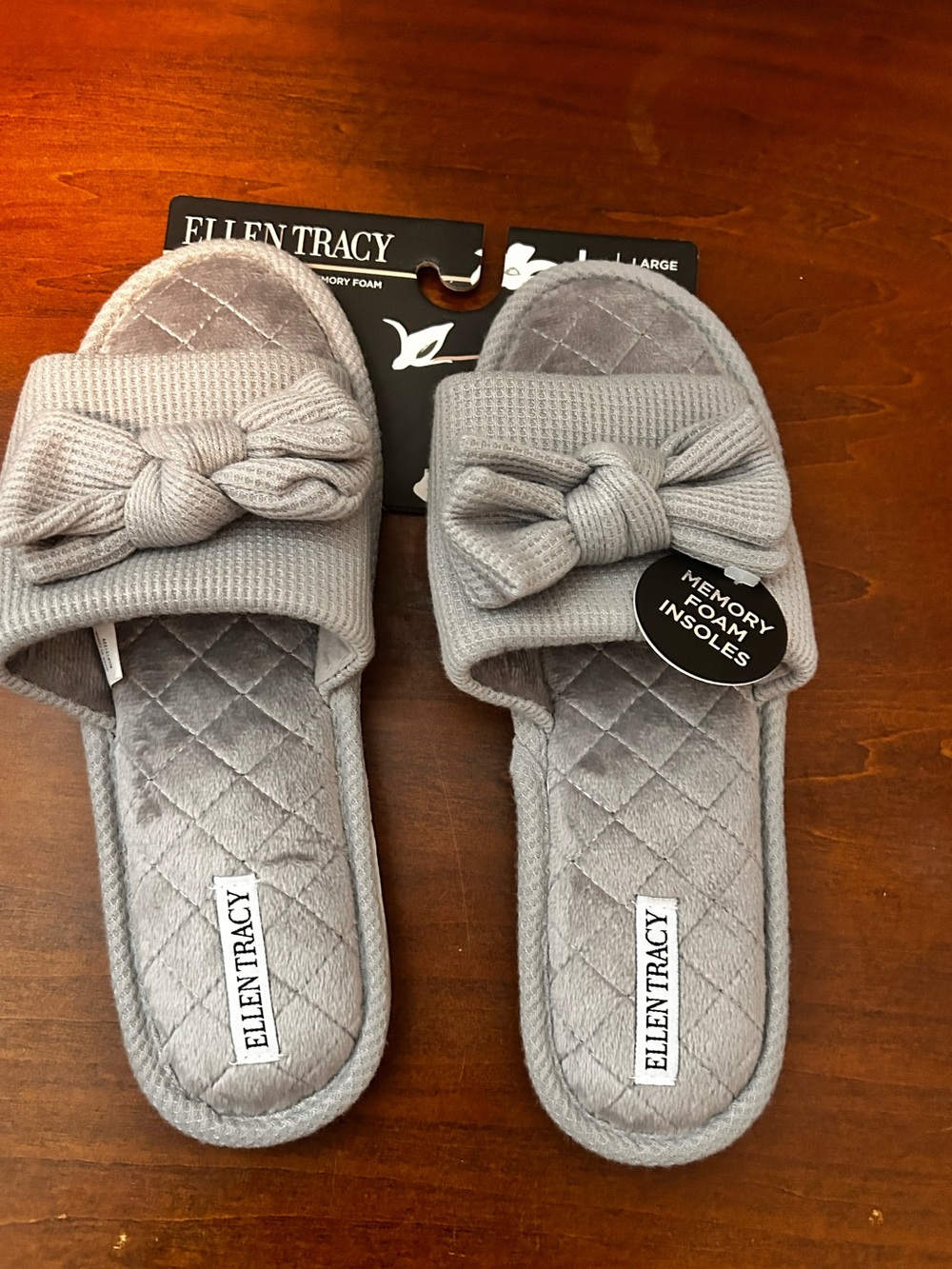 Ellen Tracy Light Gray Quilted Bow Slide Memory Foam Slippers 9